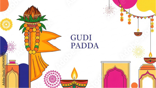 Vibrant Gudi Padwa celebration with traditional Indian decorations and lights in a festive environment