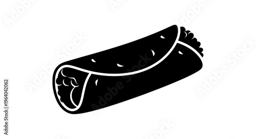 A high-resolution black silhouette vector illustration of a wrapped food item on a neutral background depicts a single burrito.