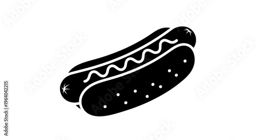 A high-resolution black silhouette vector illustration of a hot dog with condiments on a plate appears on a table indoors.