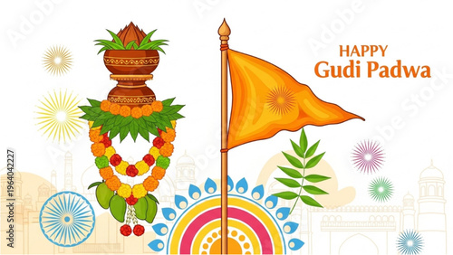 People celebrate Gudi Padwa with traditional decorations and flags in city