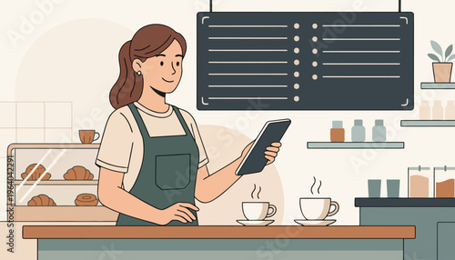 Young female barista in an apron using a digital tablet to take orders at a cafe counter with hot coffee cups and a croissant display case in a modern flat line art illustration.