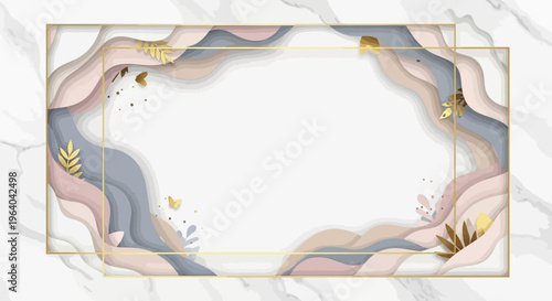 Elegant Abstract Wavy Background with Gold Geometric Frame and Marble Texture