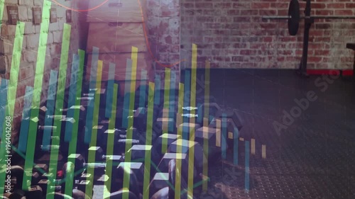 Kettlebell cluster holding left while bars emerging left sweeping right revealing barbell bench gym