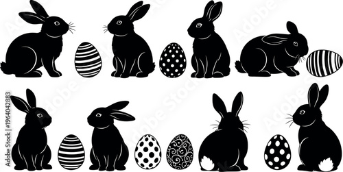 Easter day celebration with easter eggs and rabbits silhouette