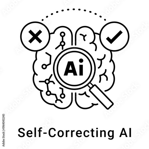 Vector icon for AI as agent for self-correcting with a brain and magnifying glass over it. Self-Correcting AI,  Intelligent AI Self-Repair, AI Self-Improvement System. Minimalist and clean style icon.