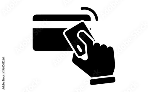 Hand holding smartphone with contactless payment symbol near credit card representing mobile transaction