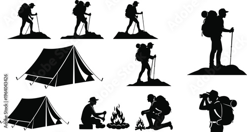 Camping and Hiking Silhouette Set Featuring Backpackers Trekking With Poles Tents Campfire and Travelers Outdoor Adventure Activities Vector Illustration Graphic Elements