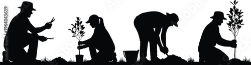 Silhouettes of people gardening and planting trees, group of volunteers working in garden, reforestation and environmental conservation concept on white background (20 words)
