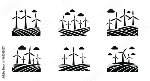 Vector illustration of set of wind turbine icons on agricultural fields
