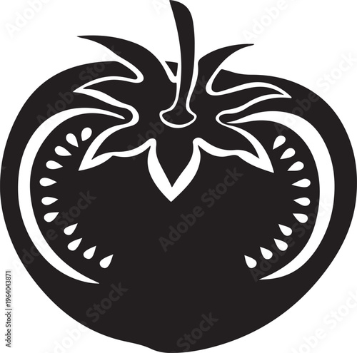 Fresh tomato slice icon isolated on transparent background with detailed seeds and stem.