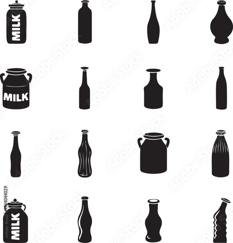 Milk bottles and cans black silhouette seamless pattern on transparent background.