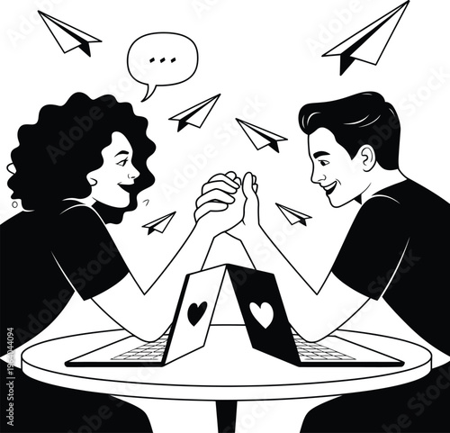 Arm wrestling match: two people competing online with laptops and paper airplanes, representing digital rivalry
