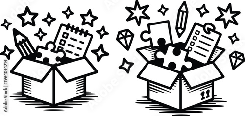 Open boxes overflowing with puzzle pieces, checklists, pencils, diamonds, and stars, symbolizing ideas and solutions, problem solving