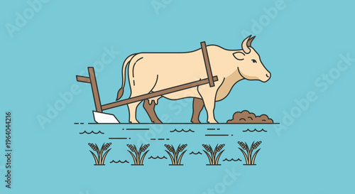 Cow pulling a wooden plow.