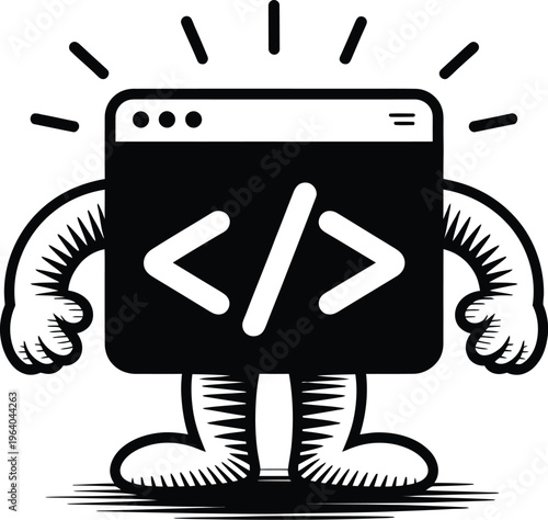 Vector illustration of a cartoon browser window with code brackets, arms, and legs
