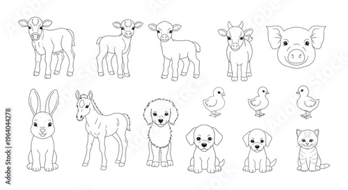 Cute cartoon farm and domestic animals.