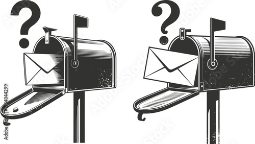 Uncertainty about mail delivery: two question mark mailboxes with envelopes inside, stylized illustration, postal service, black and white, customer service