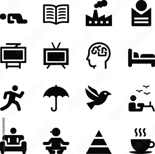 Diverse icons representing human activities, concepts, and objects: prayer, book, factory, person icon, tv, brain, bed, running, umbrella, bird, relaxing, sofa, meditation