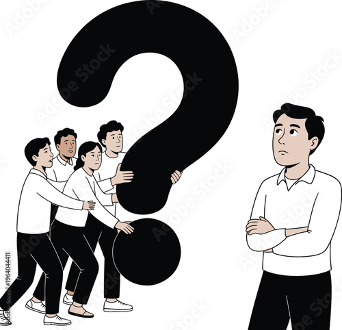 Diverse group struggling to lift giant question mark while man stands confidently aside, representing confusion vs clarity, white background, group of people