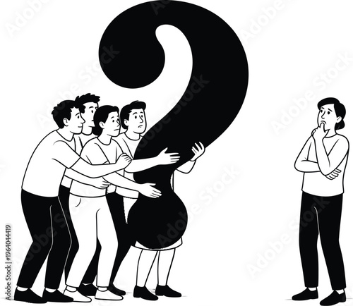 Group of people struggling to lift a giant question mark, illustrating confusion and seeking answers with a thoughtful individual