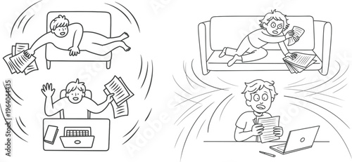 Overwhelmed remote workers in chaotic virtual environments, juggling tasks and technology, remote work, task management, home office