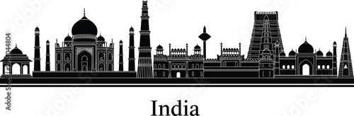Black silhouette of India skyline featuring Taj Mahal, Qutub Minar, and ancient temples, famous Indian landmarks and architectural monuments isolated on white background set. (25 words)