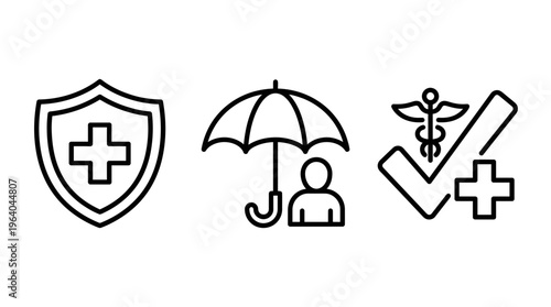 A series of three black line icons representing health insurance protection and medical coverage