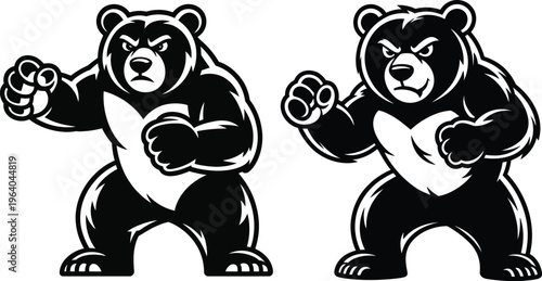 Aggressive black bears in fighting stance vector illustration, black and white