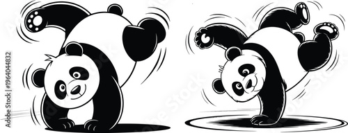 Playful panda bears doing handstands and cartwheels, black and white vector illustration