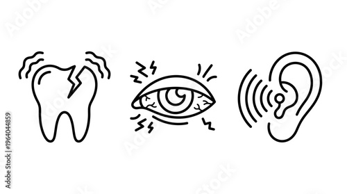 A set of three line art medical icons depicting a broken tooth an irritated eye and a human ear