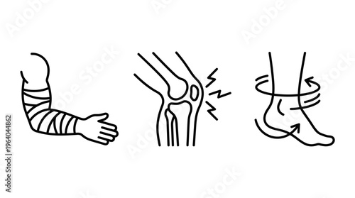 Set of medical icons depicting an arm with a bandage a painful knee joint and a rotating ankle