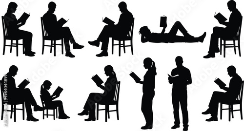 Black silhouettes of diverse people reading books, children and adults sitting on chairs, standing, and lying down, collection of readers isolated on white background. (25 words)