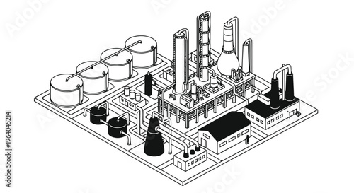 Vector illustration of isometric illustration of an oil refinery plant with tanks and pipes