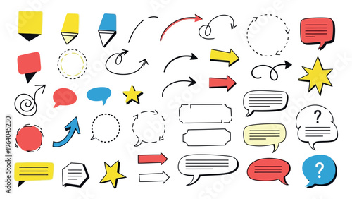 Colorful speech bubbles, icons, and pointers, vector set