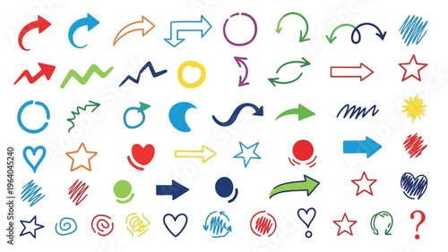 40 colorful hand-drawn icons, arrows, and symbols set, vector graphics