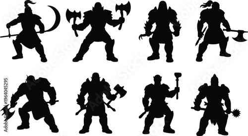 Fantasy orc warrior silhouette collection set with various armor weapons axe hammer and mace for game design vector flat illustration