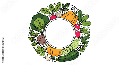 Variety of healthy vegetables such as pumpkins, radishes, and greens are arranged in a circular frame around a white center.