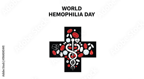 World hemophilia day vector graphic illustration featuring a medical cross with various blood cells and symbols.