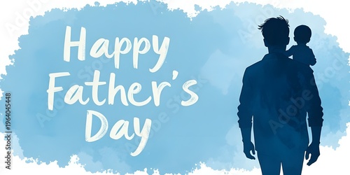 A silhouette of a father and son against a blue watercolor backdrop. A cheerful illustration for Father's Day. A cartoon kid perched on his dad's shoulder. 