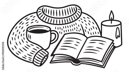 Hygge Lifestyle Doodles Featuring Cozy Sweater Mug Book and Candle for Winter Relaxation Concepts