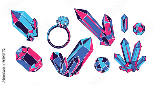 Stunning collection of blue and pink crystals along with a matching gemstone ring is displayed on a clean white background.