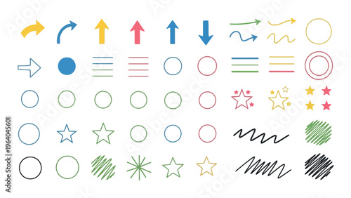 40 Hand Drawn Icons, Colorful Vector Symbols, Arrows and Shapes