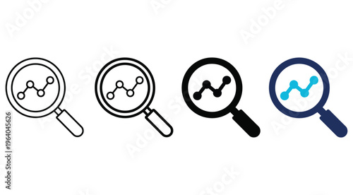 Analytics icon with magnifying glass and line chart. Symbol of data analysis, business reporting, performance metrics, dashboard analytics, insights, monitoring, research and data visualization.
