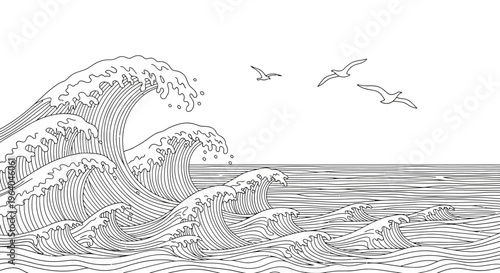 Large Ocean Wave Crashing Water Surface.