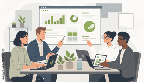 Flat illustration of a diverse business team in a meeting room analyzing a digital dashboard with green sustainability charts, ESG data, and environmental corporate strategy.