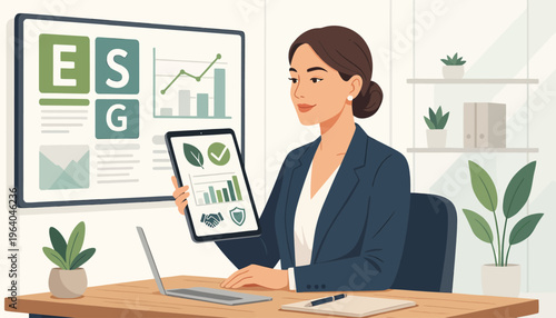 Professional female executive at office desk reviewing ESG performance on a tablet, with a large digital dashboard showing environmental social and governance metrics and charts.