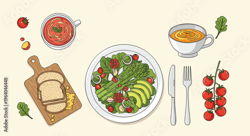 Wholesome meal set includes a fresh green salad with avocado and asparagus, two bowls of soup, and sliced bread on a board.