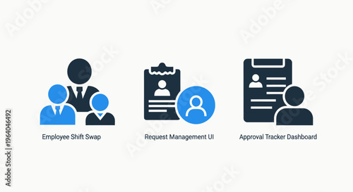 Professional human resources icons for employee skill teams, team management, and approved resume processes