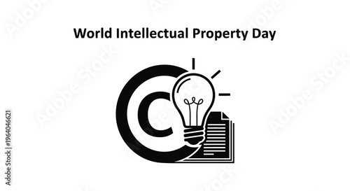 Black and white vector graphic illustration celebrating world intellectual property day with icons representing ideas and copyrights