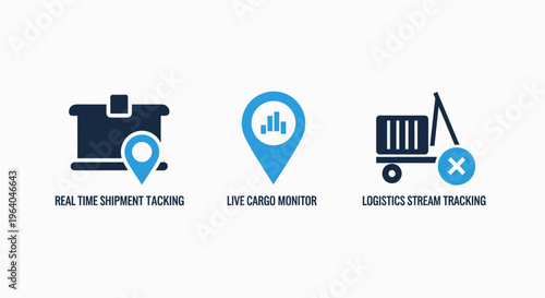 Global logistics and supply chain management icons: real-time shipment tracking, live cargo monitoring, and ocean freight analytics